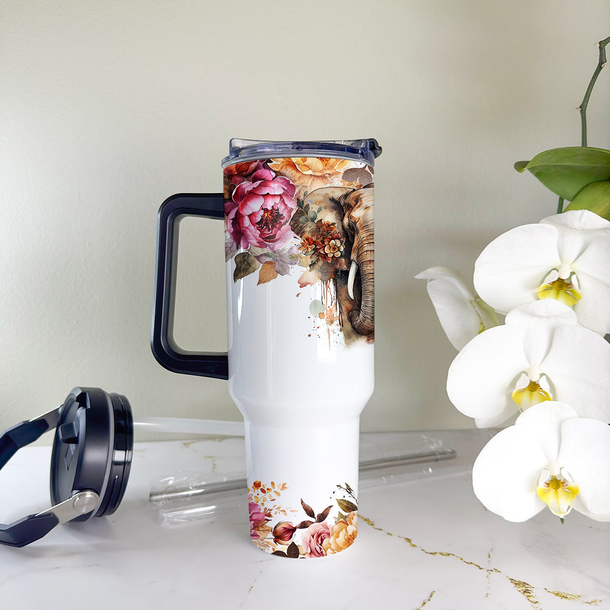 40oz Tumbler - Floral Elephant