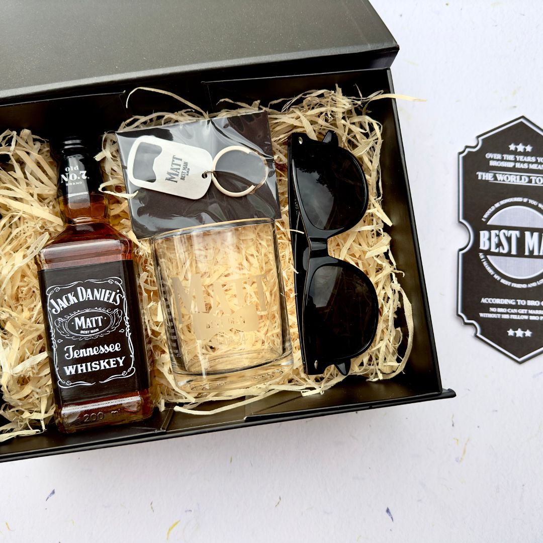 Personalised Whiskey Themed Groomsman Gift Box at Stellar Gift Studio