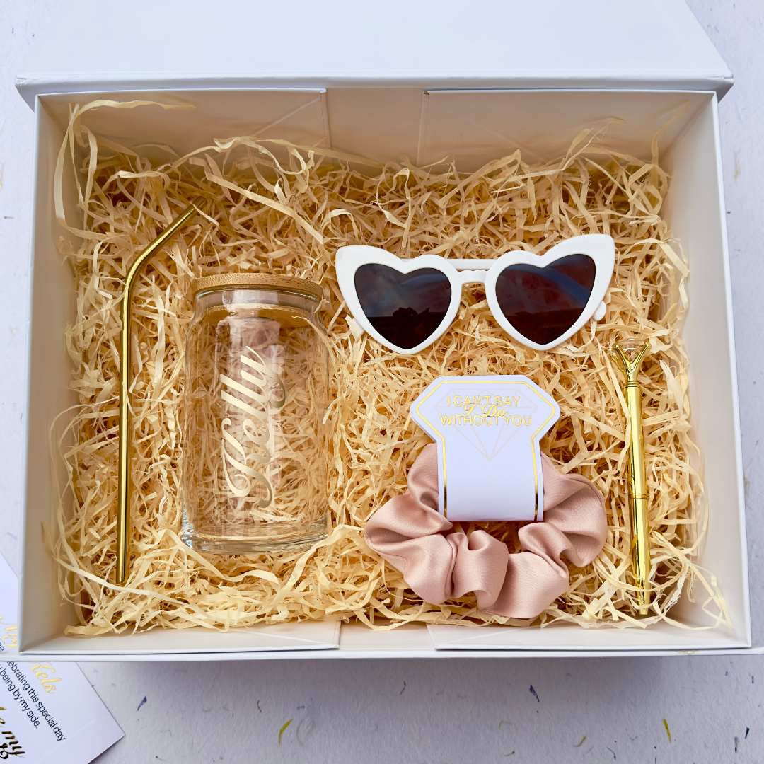 Bridesmaid Proposal Box containing heart shaped glasses, personalised mug and scrunchie at Stellar Gift Studio